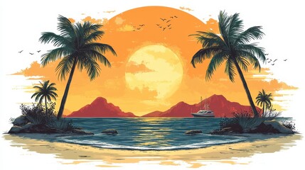 Fototapeta premium Tropical sunset beach scene with palm trees, ocean, and yacht.