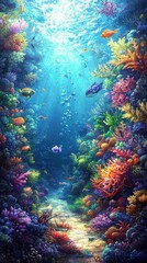 A tranquil underwater world glowing with vibrant coral and bioluminescent plants. Ethereal sea creatures glide gracefully through the illuminated waters, casting shimmering reflections onto 