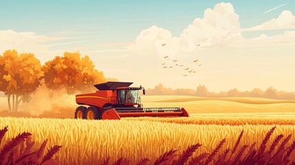 Fototapeta premium Red combine harvester harvesting golden wheat field in autumn.