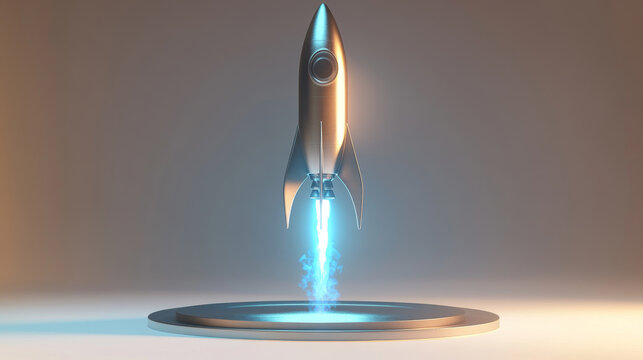 3D, Rocket, A rocket taking off from a podium, in a silver color with a blue light effect on a circular base, against a simple background, in a C4D rendering style, with white space around the edges,