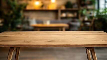 Fototapeta premium An empty wooden table provides a perfect setting for creative gatherings and memorable moments.