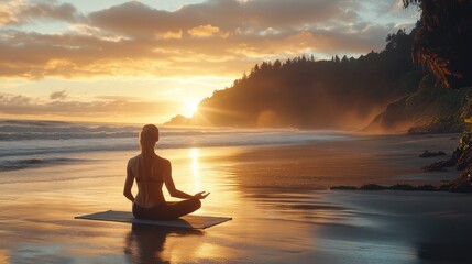 A peaceful yoga practice at sunrise on a beach, with a person stretching gracefully on a mat