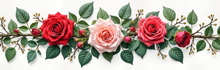 Fototapeta premium Roses, ivy branches arranged on white background. Roses in red, pink. Leaves, buds create botanical vignette. Natural beauty. Ornamental design. Detailed plant elements. Elegant blooms, textures.