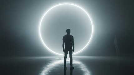 Fototapeta premium Silhouette of a Man Facing a Glowing Circular Portal in a Mysterious Atmosphere