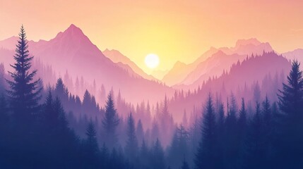 Fototapeta premium Misty sunset over silhouetted mountain range and forest.