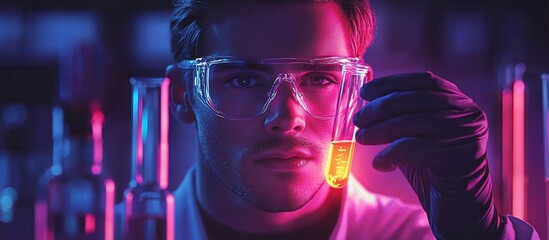 Fototapeta premium Neon-Lit Laboratory: A Scientist's Intense Focus on Experiment