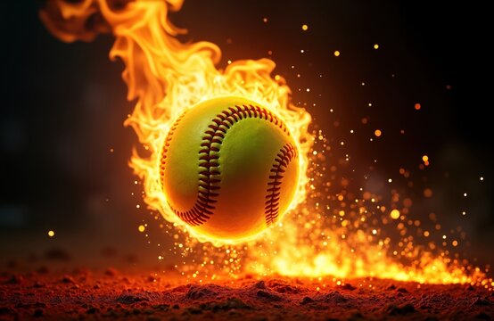 Fiery softball ball in mid-air with intense flames, sparks. Dynamic, dramatic action shot. Burning ball appears in motion. Sport theme. Hot, fast game. Vivid glow from softball. Powerful, energetic.