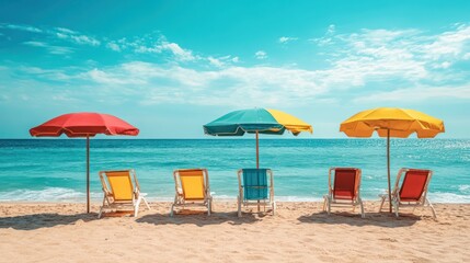 Fototapeta premium A sunny beach with turquoise waters, golden sand stretching into the horizon, beach chairs with colorful umbrellas