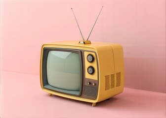 Obraz premium 3D Yellow Retro Old Television on Pink Background - Vintage Analog TV with Copy Space