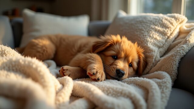 A cozy photo of your pet napping on a sofa, surrounded by soft pillows and blankets. Capture their serene, relaxed vibe, showcasing their charm for National Pet Day celebrations.