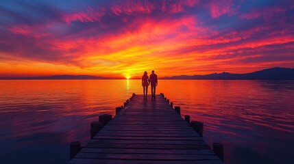 Fototapeta premium A couple stands on a pier at sunset, surrounded by vibrant colors reflecting on the water.