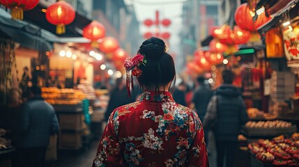 Obraz premium A solo traveler in traditional Chinese attire, walking through a street market during Chinese New Year, enjoying local delicacies and festive atmosphere.