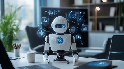 Fototapeta premium Modern Robot Assistant with Data Visualization and Technology Elements