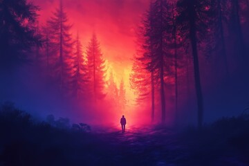 Fototapeta premium Silhouetted figure walking through vibrant forest at dusk with colorful sky