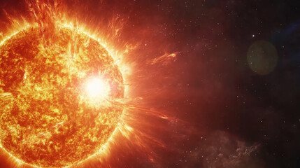 Dramatic close up of solar flare erupting from sun, showcasing vibrant colors and intense energy in space. image captures dynamic nature of solar activity
