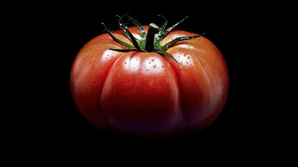 A Single, Juicy Heirloom Tomato Against a Black Background