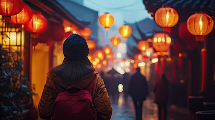 Obraz premium A solo traveler walking along the streets of a Chinese city during New Year, taking in the festive atmosphere with red lanterns and traditional music playing.