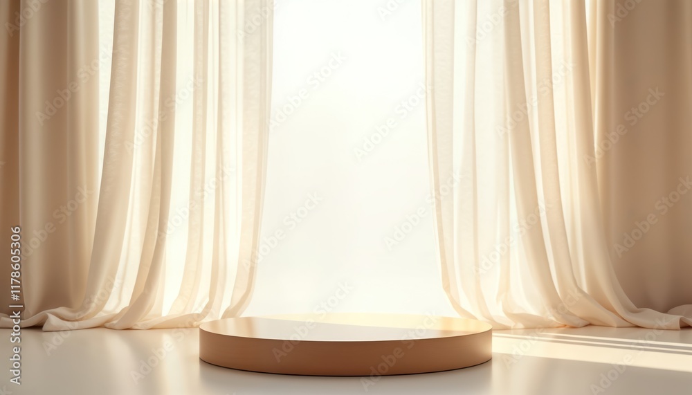 Aufkleber modern round wooden podium table in room with soft white curtains. sunlight streams through drapes c