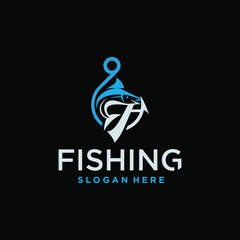 fishing logo design, Fishing Logo in the sea Fish Hunter Logo Design Template with Hook concept.