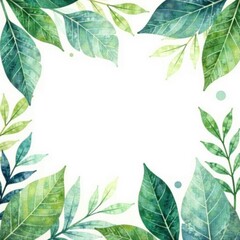 Subtle leafy watercolor frame, muted greens and blues , corner, frame, texture