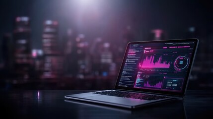 Modern Laptop Displaying Data Visualization Over Cityscape Background at Night