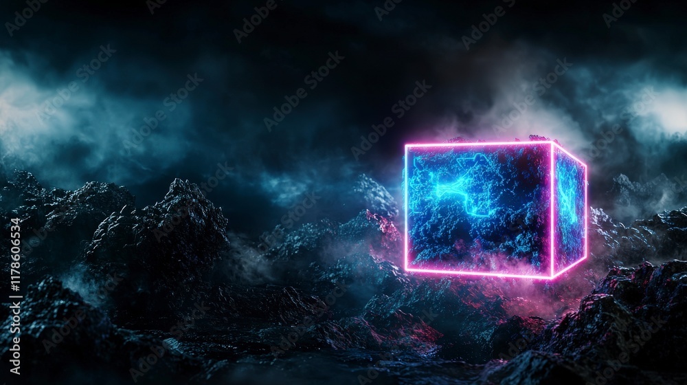 Aufkleber glowing neon cube in a mysterious landscape futuristic render digital art dark atmosphere surreal co