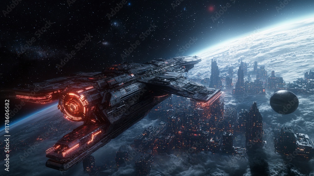 Poster futuristic spacecraft exploring sci-fi city outer space digital art cosmic environment aerial view i