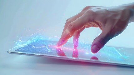 A hand tapping on a tablet screen with a futuristic holographic display, set against a seamless white background for a sleek cut-out. 8k UHD, suitable for high-quality printing or digital display. 