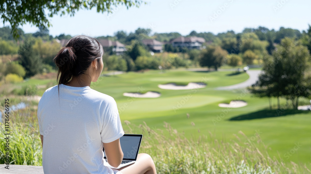 Wall mural Indonesian business woman working online with a laptop outdoors and enjoying nature