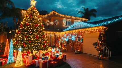 A stunningly decorated home with a Christmas tree, festive lights, and presents, capturing the spirit of the Feast of the Nativity