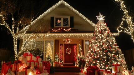 Fototapeta premium A stunningly decorated home with a Christmas tree, festive lights, and presents, capturing the spirit of the Feast of the Nativity
