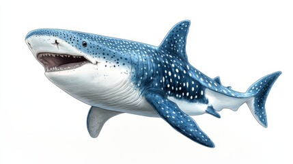Naklejka premium A detailed illustration of a blue and white spotted shark, open mouth, swimming.