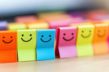A set of sticky tabs with tiny smiling faces, marking pages like a team