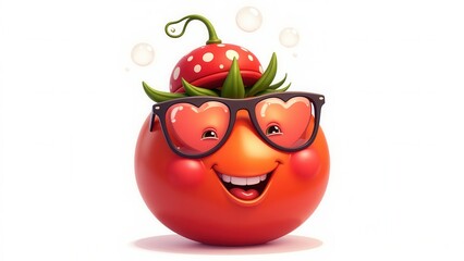 A charming 3D cartoon tomato character wears trendy black-framed glasses with heart-shaped lenses, while perched atop a vibrant red cap-adorned tomato, complete with green stem and leafy greens!