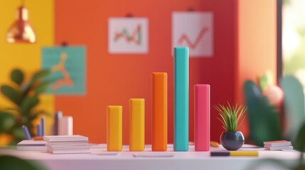An animated presentation of a D bar chart rising dynamically, illustrating the growth of sales over several quarters, set against a sleek corporate backdrop with graphs and data sheets.