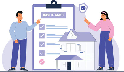 Medical Insurance Checklist Illustration A clipboard with a checklist of insurance benefits and a family standing in the background.