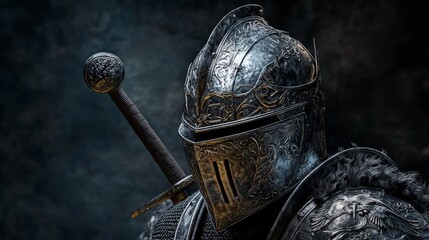 Epic knight portrait medieval setting high-detail render dark background close-up heroism and valor