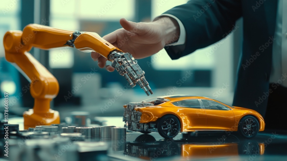 Aufkleber a robotic arm interacts with a miniature car model on a workbench, showcasing advancements in automa