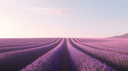 Tranquil lavender fields under a clear daytime sky, with rows of purple flowers stretching to the horizon. Captures the tranquility and beauty of nature