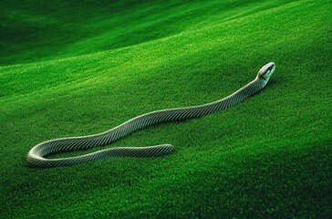 Fototapeta premium Serpentine Motion Across Lush Green Landscape Enveloping a Sleek Snake Amidst Rolling Grass Hills Under Soft Natural Light
