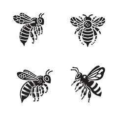 Elegant Silhouettes of the Western Honeybee Isolated on a White Background in Monochrome Art Style