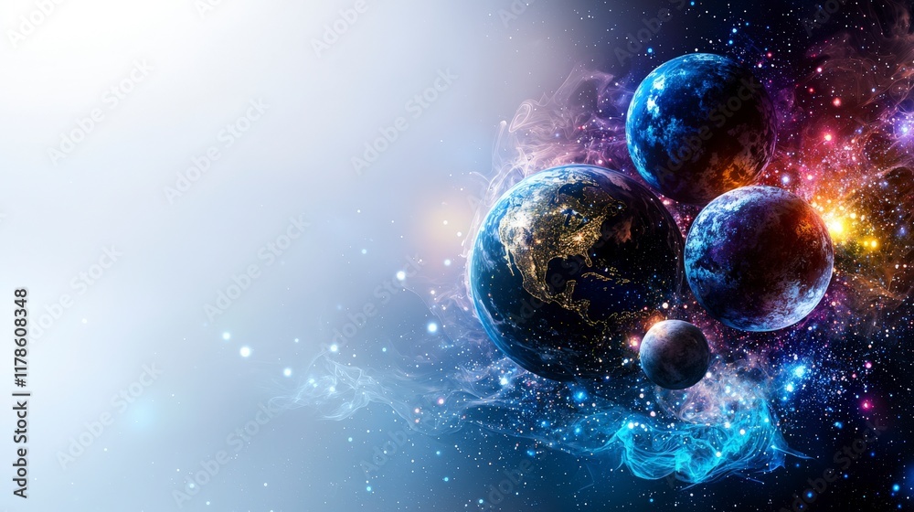 Poster cosmic exploration of planets in space futuristic digital art vibrant colors surreal atmosphere gala