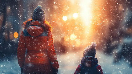 A mother and child, bundled in winter hats and coats,