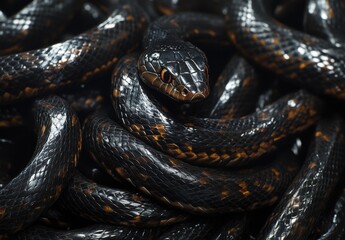 Obraz premium Stunning Close-Up of a Coiled Black Snake with Glossy Scales and Striking Eye Detail in a Dark Environment