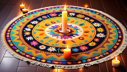 Colorful Mandala Rug Surrounded By Lit Candles
