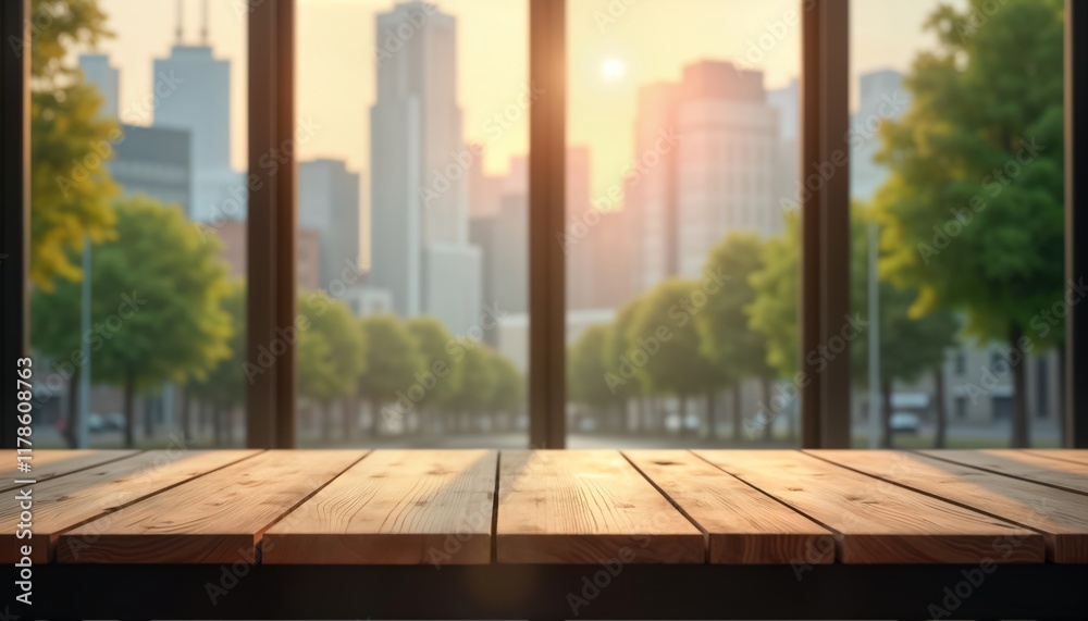 Aufkleber Empty wooden table in front of blurred city view through large windows. Sunny day. Trees, buildings visible through glass. Empty table space for product display mockups. Modern interior design style.