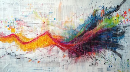 An artistic representation of a stock market graph, using abstract lines and colors to depict fluctuations in stock prices, evoking the emotions of market highs and lows.