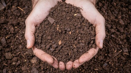 A person holds rich, dark soil in their hands, symbolizing nurturing and the connection to nature.