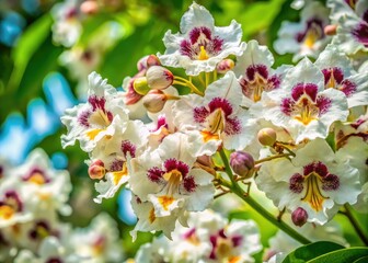 Obraz premium Aerial close-up reveals the exquisite detail of golden catalpa's white and maroon flowers.