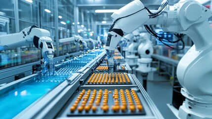 Automated Robotic Assembly Line Producing Antibiotic Capsules in Modern Biopharma Facility